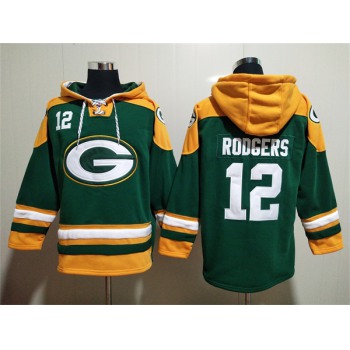 Men's Green Bay Packers #12 Aaron Rodgers Green Lace-Up Pullover Hoodie