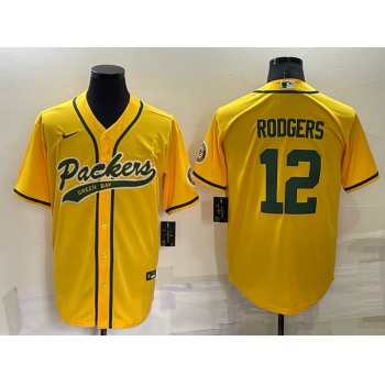 Men's Green Bay Packers #12 Aaron Rodgers Yellow Stitched MLB Cool Base Nike Baseball Jersey