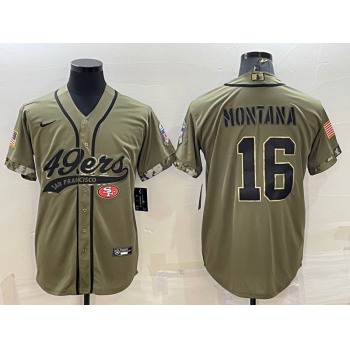 Men's San Francisco 49ers #16 Joe Montana 2022 Olive Salute to Service Cool Base Stitched Baseball Jersey
