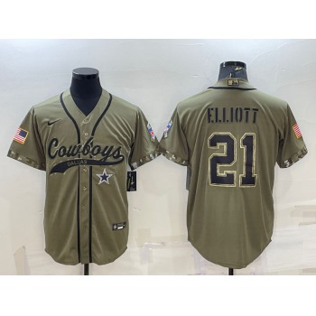 Men's Dallas Cowboys #21 Ezekiel Elliott 2022 Olive Salute to Service Cool Base Stitched Baseball Jersey