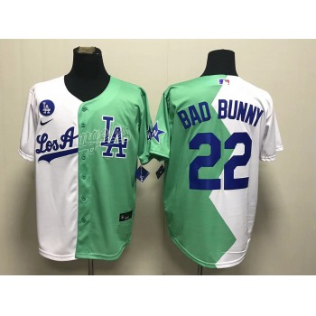 Men's Los Angeles Dodgers #22 Bad Bunny White Green 2022 Celebrity Softball Game Cool Base Jersey