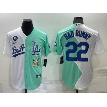 Men's Los Angeles Dodgers #22 Bad Bunny White Green Number 2022 Celebrity Softball Game Cool Base Jersey