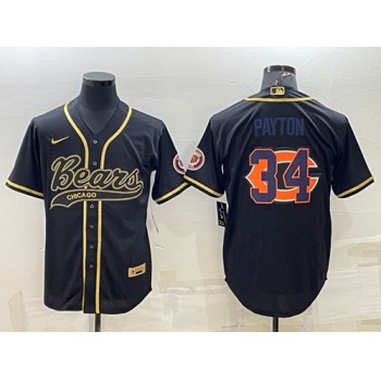 Men's Chicago Bears #34 Walter Payton Black Gold Team Big Logo With Patch Cool Base Stitched Baseball Jersey