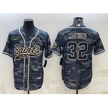 Men's New Orleans Saints #32 Tyrann Mathieu Grey Camo With Patch Cool Base Stitched Baseball Jersey