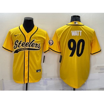 Men's Pittsburgh Steelers #90 T.J. Watt Gold With Patch Cool Base Stitched Baseball Jersey