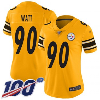 Nike Steelers #90 T. J. Watt Gold Women's Stitched NFL Limited Inverted Legend 100th Season Jersey