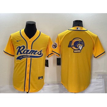 Men's Los Angeles Rams Yellow Team Big Logo With Patch Cool Base Stitched Baseball Jersey