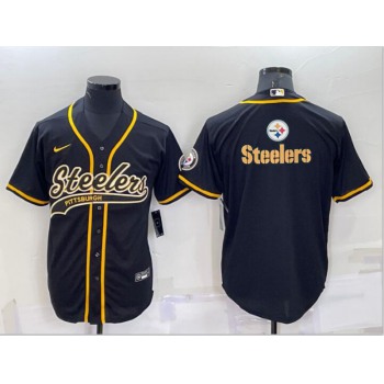 Men's Pittsburgh Steelers Black Team Big Logo With Patch Cool Base Stitched Baseball Jersey