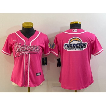 Women's Los Angeles Chargers Pink Team Big Logo With Patch Cool Base Stitched Baseball Jersey