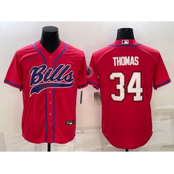 Men's Buffalo Bills #34 Thurman Thomas Red With Patch Cool Base Stitched Baseball Jersey