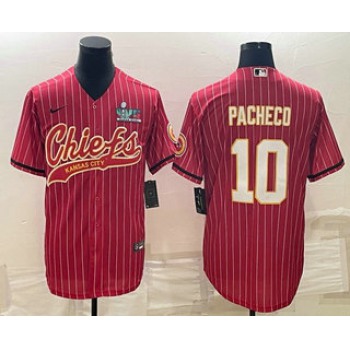 Men's Kansas City Chiefs #10 Isiah Pacheco Red Pinstripe With Super Bowl LVII Patch Cool Base Stitched Baseball Jersey