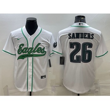 Men's Philadelphia Eagles #26 Miles Sanders White With Patch Cool Base Stitched Baseball Jersey