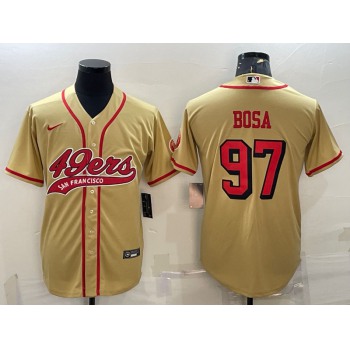 Men's San Francisco 49ers #97 Nick Bosa Gold Color Rush With Patch Cool Base Stitched Baseball Jersey