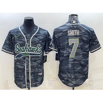 Men's Seattle Seahawks #7 Geno Smith Grey Camo With Patch Cool Base Stitched Baseball Jersey