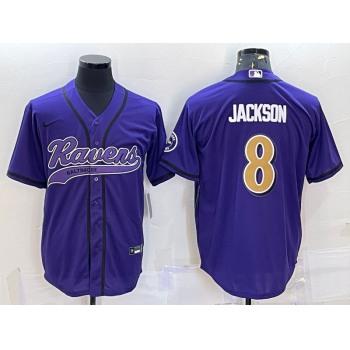 Men's Baltimore Ravens #8 Lamar Jackson Black Gold With Patch Cool Base Stitched Baseball Jersey