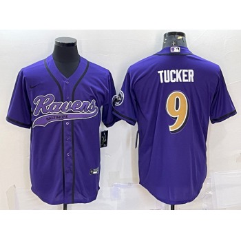Men's Baltimore Ravens #9 Justin Tucker Purple Gold With Patch Cool Base Stitched Baseball Jersey
