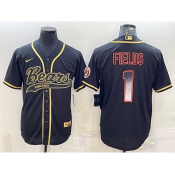 Men's Chicago Bears #1 Justin Fields Black Gold With Patch Smoke Cool Base Stitched Baseball Jersey