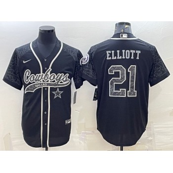Men's Dallas Cowboys #21 Ezekiel Elliott Black Reflective With Patch Cool Base Stitched Baseball Jersey