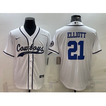 Men's Dallas Cowboys #21 Ezekiel Elliott White With Patch Cool Base Stitched Baseball Jersey