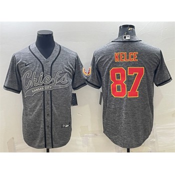 Men's Kansas City Chiefs #87 Travis Kelce Gray With Patch Cool Base Stitched Baseball Jersey