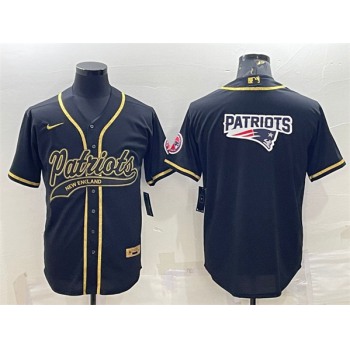 Men's New England Patriots Black Gold Team Big Logo With Patch Cool Base Stitched Baseball Jersey