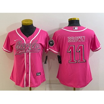 Women's Philadelphia Eagles #11 AJ Brown Pink With Patch Cool Base Stitched Baseball Jersey