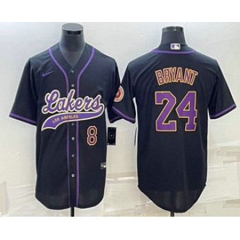 Men's Los Angeles Lakers #8 #24 Kobe Bryant Number Black With Patch Cool Base Stitched Baseball Jersey