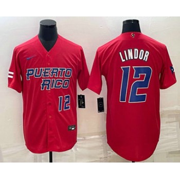 Men's Puerto Rico Baseball #12 Francisco Lindor Number 2023 Red World Baseball Classic Stitched Jerseys