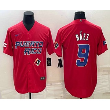 Men's Puerto Rico Baseball #9 Javier Baez 2023 Red World Baseball Classic Stitched Jerseys