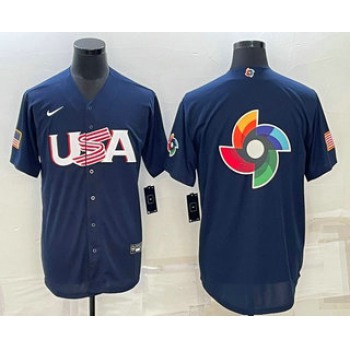 Men's USA Baseball Blank 2023 Navy World Baseball Big Logo Classic Stitched Jerseys