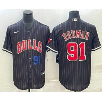 Mens Chicago Bulls #91 Dennis Rodman Number Black With Patch Cool Base Stitched Baseball Jersey