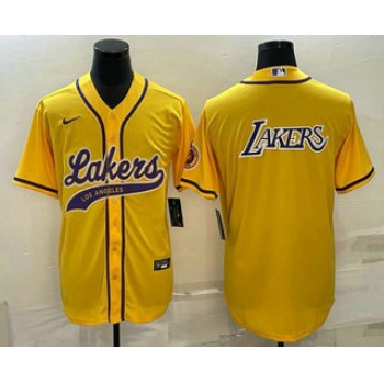 Men's Los Angeles Lakers Yellow Big Logo Cool Base Stitched Baseball Jerseys