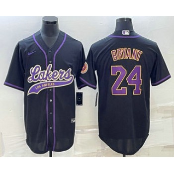 Men's Los Angeles Lakers #24 Kobe Bryant Black With Patch Cool Base Stitched Baseball Jersey