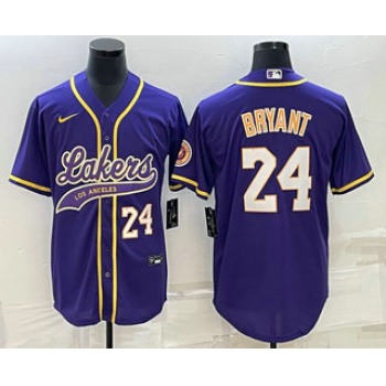 Men's Los Angeles Lakers #24 Kobe Bryant Number Purple With Patch Cool Base Stitched Baseball Jersey